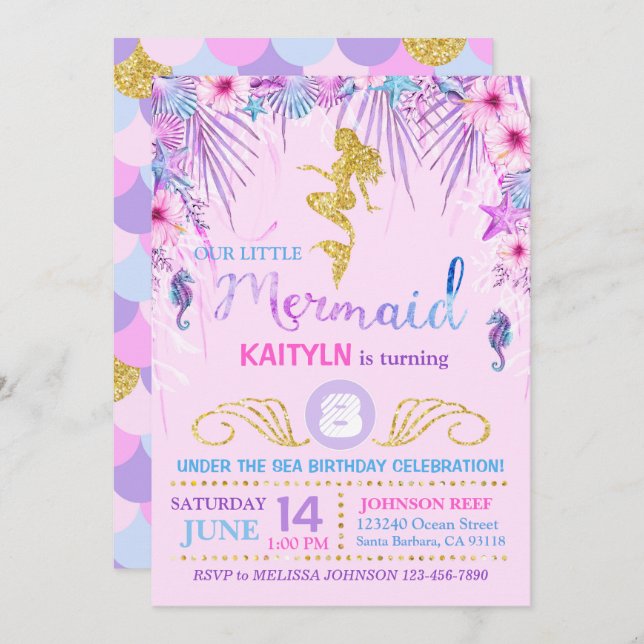 Invitation Sirène étincelante sous la mer Anniversaire (Devant / Derrière)