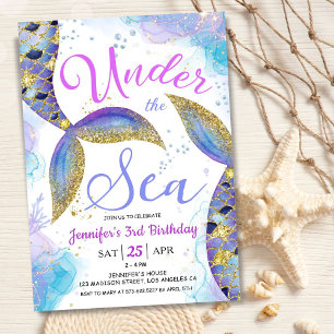 Invitation Sirène Fille 3ème Anniversaire Rose Sous la Mer
