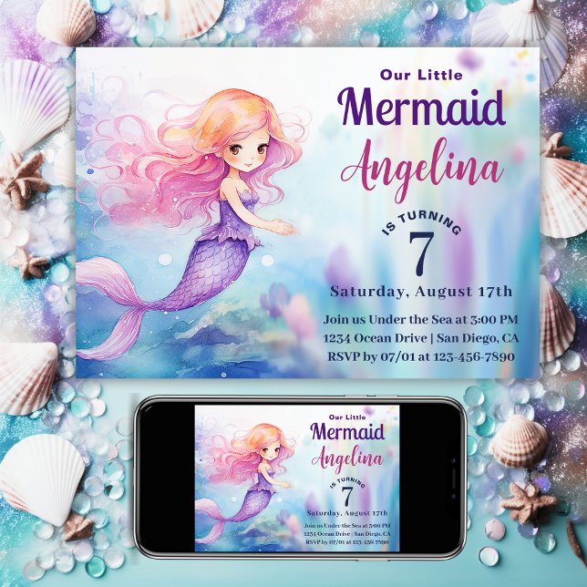 Invitation Sirène lunaire sous l'océan marin Anniversaire (Whimsical Mermaid Under the Sea Ocean Birthday Invitation)