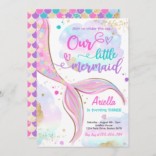Invitation Sirène Magique Sous La Fête D'Anniversaire De La M (Devant / Derrière)