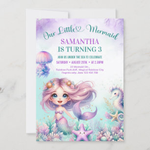 Invitation Sirène mignonne violet aquarelle fille 3 ans anniv