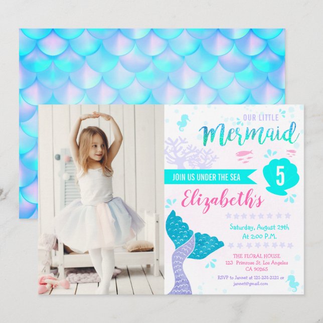Invitation Sirène ou sous la mer Aqua photo d'anniversaire Tu (Devant / Derrière)