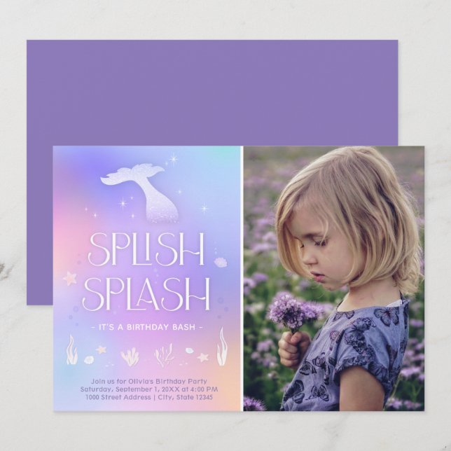 Invitation Sirène Pailletée Fantaisiste Splash (Devant / Derrière)