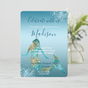 Invitation sirène pailletée or ombre aqua