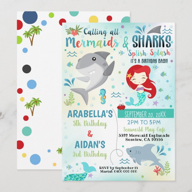 Invitation Sirène Requin Anniversaire Commun Frère (Devant / Derrière)