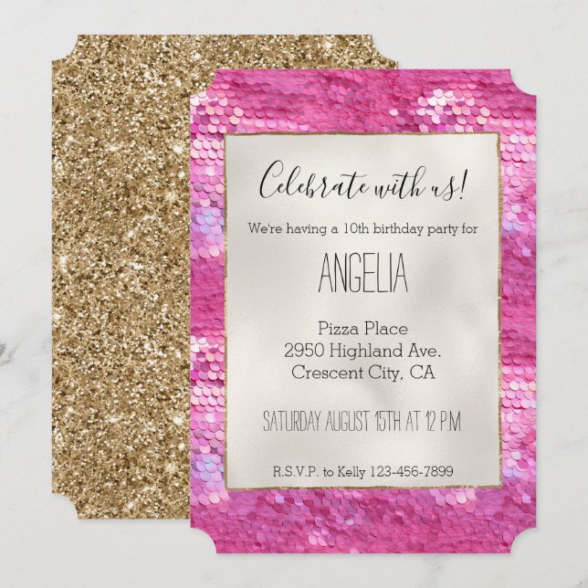 Invitation Sirène rose à étincelles (Devant / Derrière)