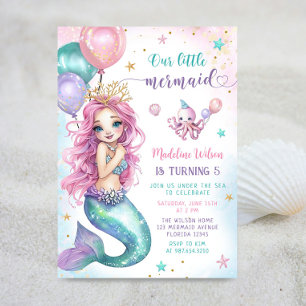 Invitation Sirène rose Sous La Mer Anniversaire