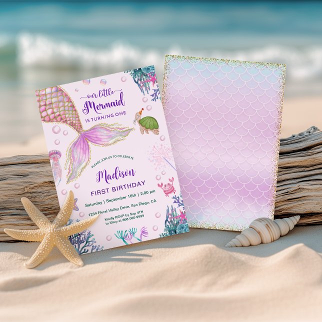 Invitation Sirène sous la mer 1er fête d'anniversaire (Little mermaid 1st birhtday party invitation)