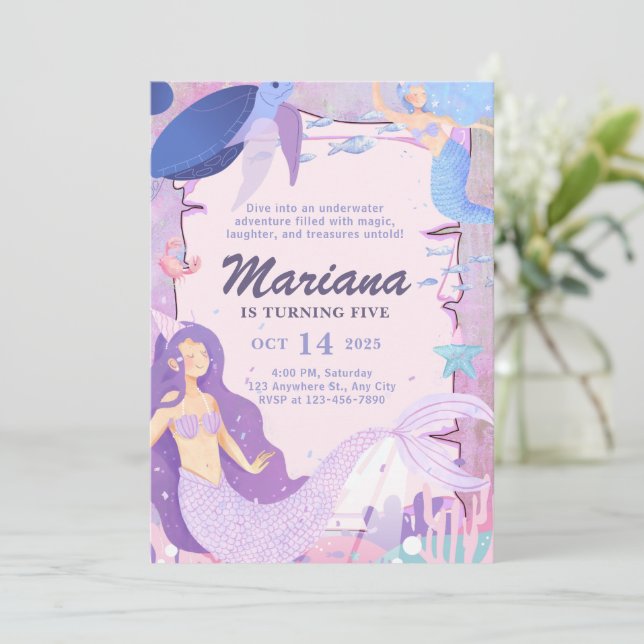 Invitation Sirène sous la mer Anniversaire de filles mignonne (Debout devant)