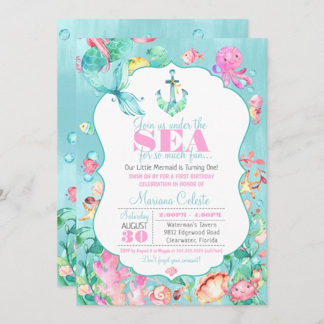 Invitation Sirène sous la mer Nautique premier anniversaire (Devant / Derrière)