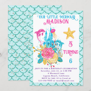Invitation Sirène sous la mer Paillettes Turquoise Anniversai
