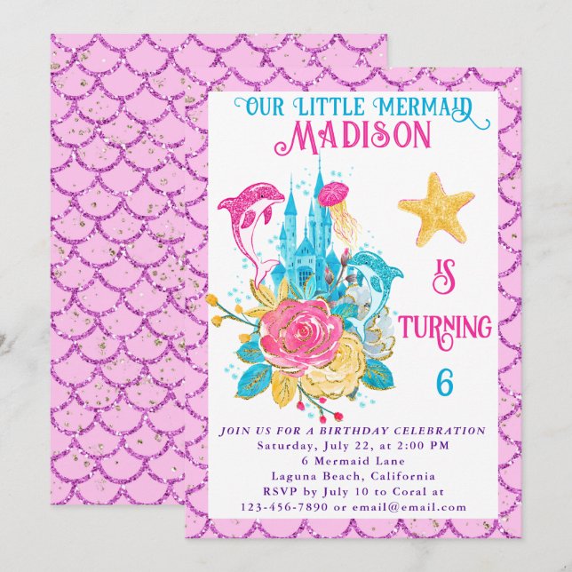 Invitation Sirène sous la Parties scintillant rose de la mer  (Devant / Derrière)