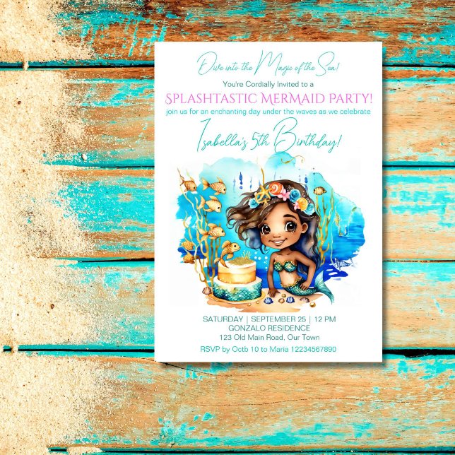 Invitation Sirène sous la peau brune de mer jolie fête fille (Mermaid under the sea template invitation digital cute brown skin mermaid on a sea bed gold fish)