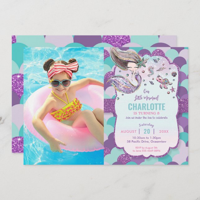 Invitation Sirène sous la piscine de mer Fête d'anniversaire  (Devant / Derrière)