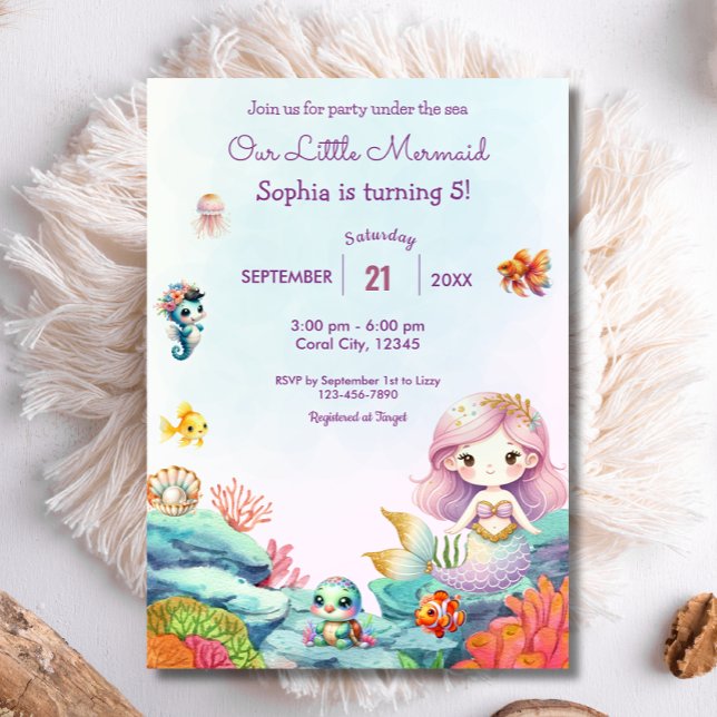 Invitation Sirène sous l'aquarelle de mer fête d'anniversaire (Créateur téléchargé)