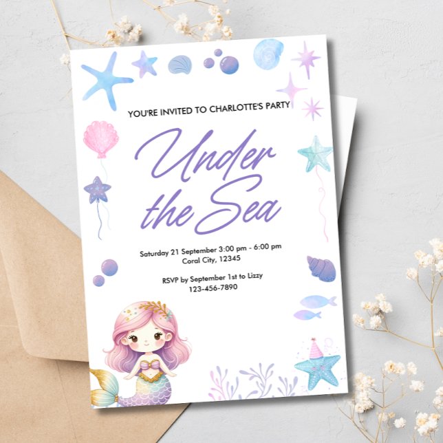 Invitation Sirène sous l'aquarelle de mer fête d'anniversaire (Créateur téléchargé)