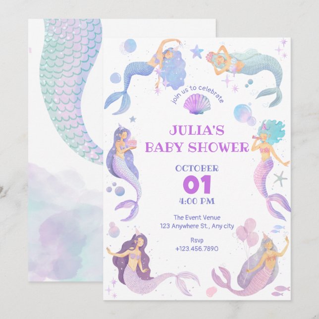 Invitation Sirène sous le baby shower marin (Devant / Derrière)