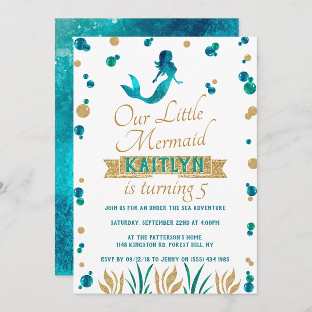 Invitation Sirène Sous Les Filles De Mer Tout Âge Anniversair (Devant / Derrière)