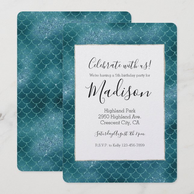 Invitation Sirène turquoise Sparkle (Devant / Derrière)