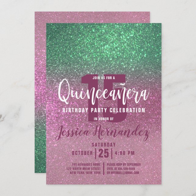 Invitation Sirène Vert Rose Triple Paillettes Quinceañera (Devant / Derrière)