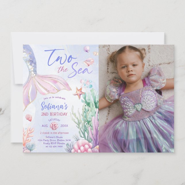 Invitation Sirène Violette 2ème Anniversaire Deux à la Mer Ph (Devant)
