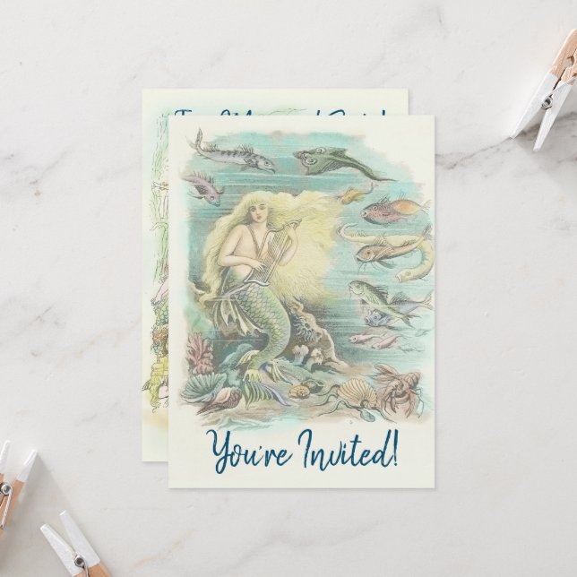 Invitation Sirènes Vintage Fête sous la Mer (Devant/Arrière en situation)