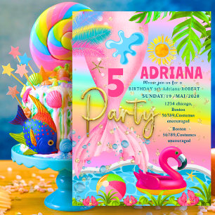 Invitation Sirenne pailletante flamant rose de plage arc-en-c