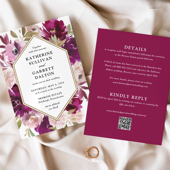 Invitation Site Mariage à double face Magenta Floral (Créateur téléchargé)