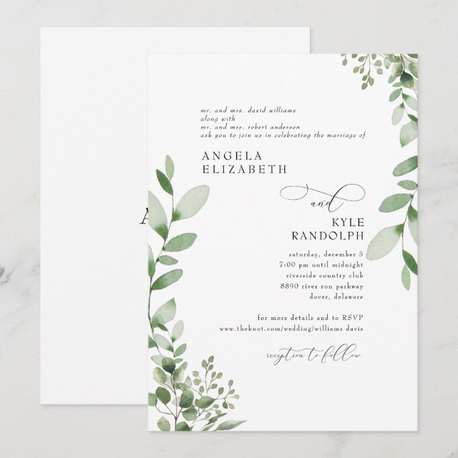 Invitation Site Web de Mariage à la Végétation Élégante en Ca (Devant / Derrière)