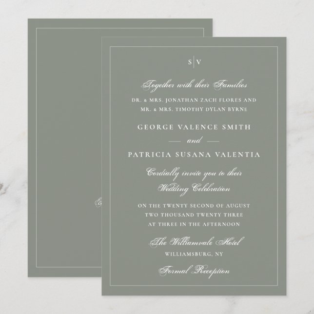 Invitation Site Web de Mariage Code QR Monogramme Vert Sauge (Devant / Derrière)
