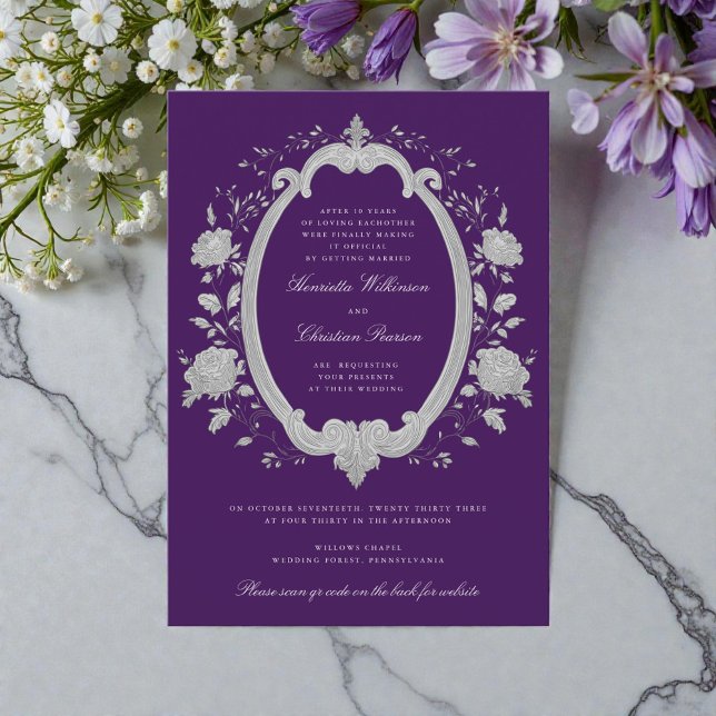 Invitation Site Web de Mariage Orné Argent Floral Prune (Créateur téléchargé)