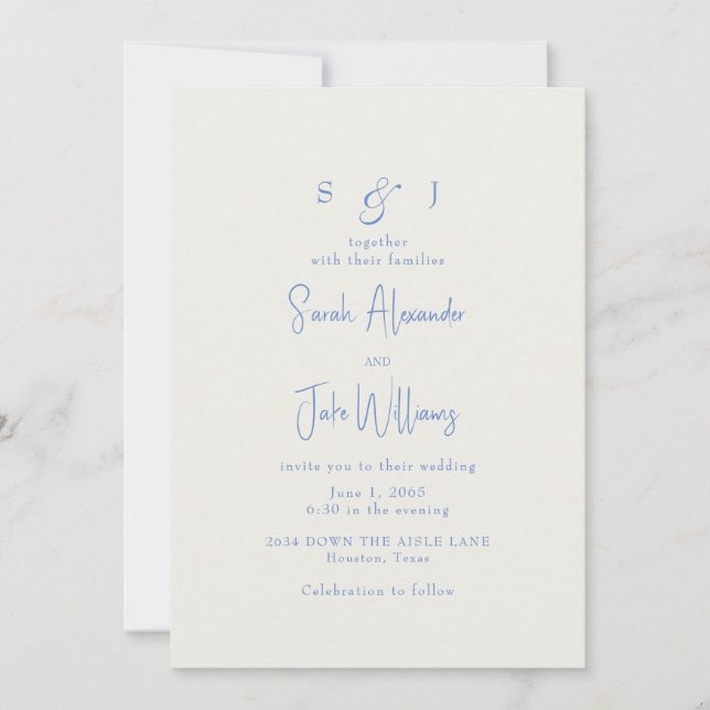 Invitation Site Web de Mariage Simple Bleu et Crème (Devant)
