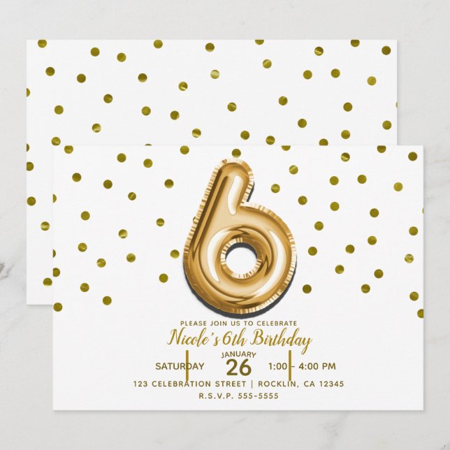 Invitation SIX 6 Ballons Dorés & Confettis Fête d'anniversair (Devant / Derrière)