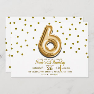 Invitation SIX 6 Gold Balloon & Confetti 6e anniversaire