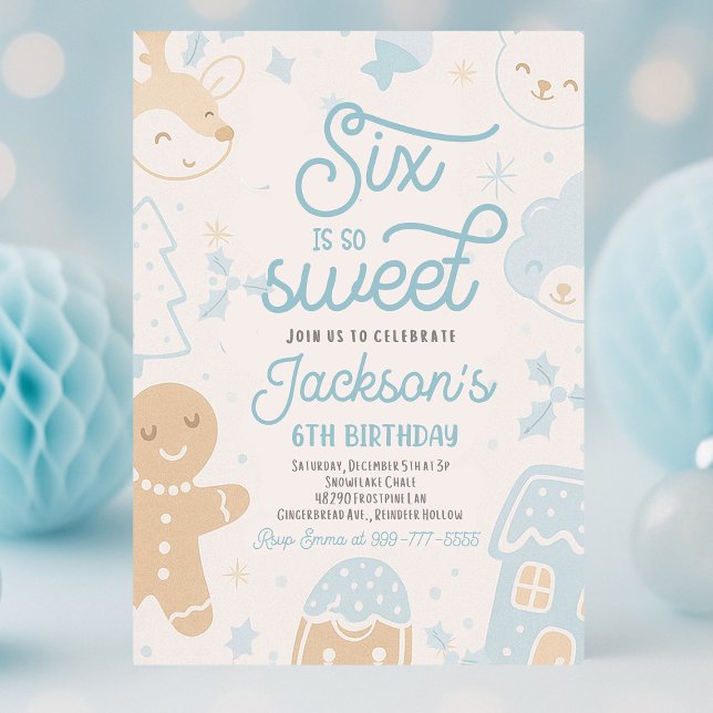 Invitation Six C'Est Si Doux Garçon Noël Cookie Anniversaire  (Six Is So Sweet boy Christmas cookie birthday party with festive holiday décor, colorful cookies, an)