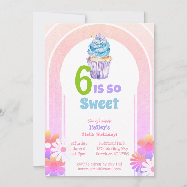 Invitation Six est Sweet Rainbow Cupcake Sixième anniversaire (Devant)