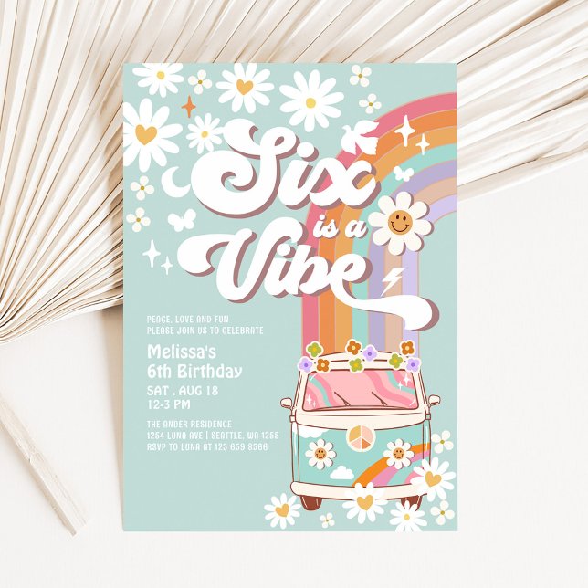Invitation SIX est une ambiance Daisy Rainbow Groovy 6e anniv (Créateur téléchargé)