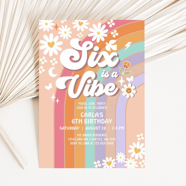 Invitation Six est une ambiance Daisy Rainbow Groovy 6e anniv (Créateur téléchargé)