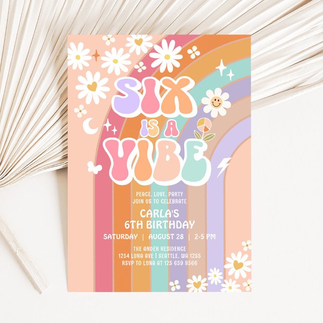 Invitation SIX est Vibe Daisy Rainbow Super 6e anniversaire (Créateur téléchargé)