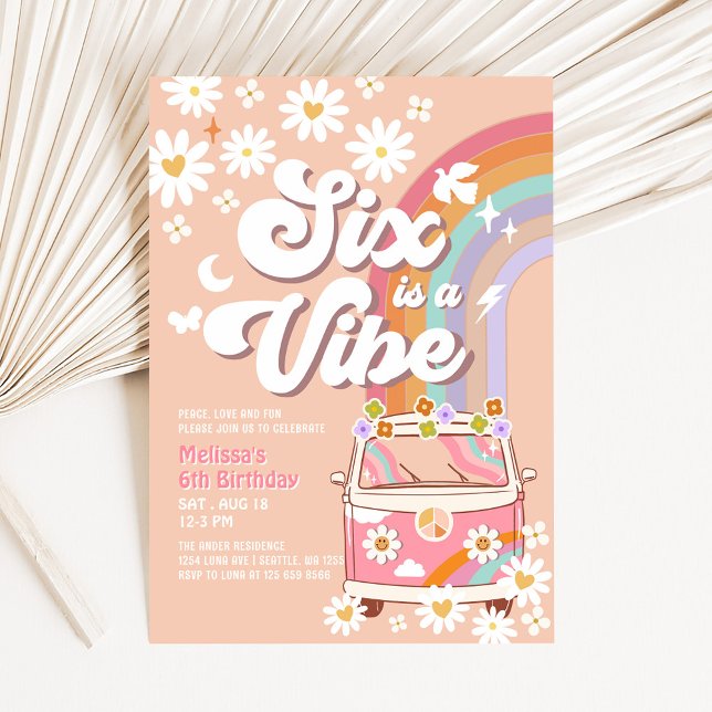Invitation Six est Vibe Pink Daisy Rainbow Van Anniversaire (Créateur téléchargé)
