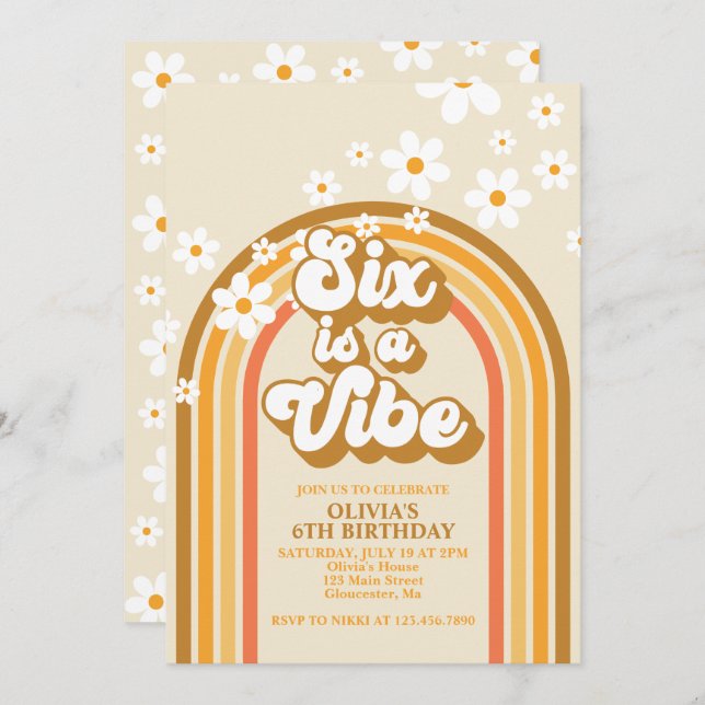 Invitation Six est Vibe Retro Rainbow Super 6e anniversaire (Devant / Derrière)