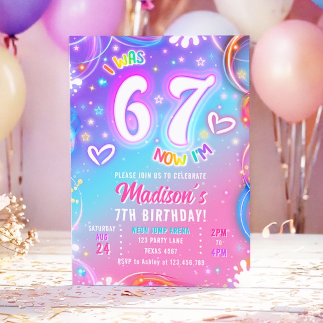 Invitation Six Seven 6 7 Neon Glow Retro Groovy Girl Birthday (Créateur téléchargé)