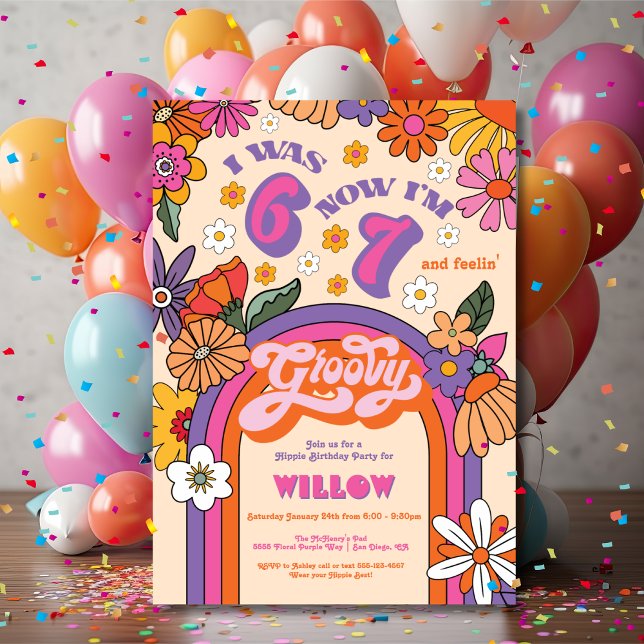 Invitation Six Seven Fête d'anniversaire Groovy Hippie (Créateur téléchargé)