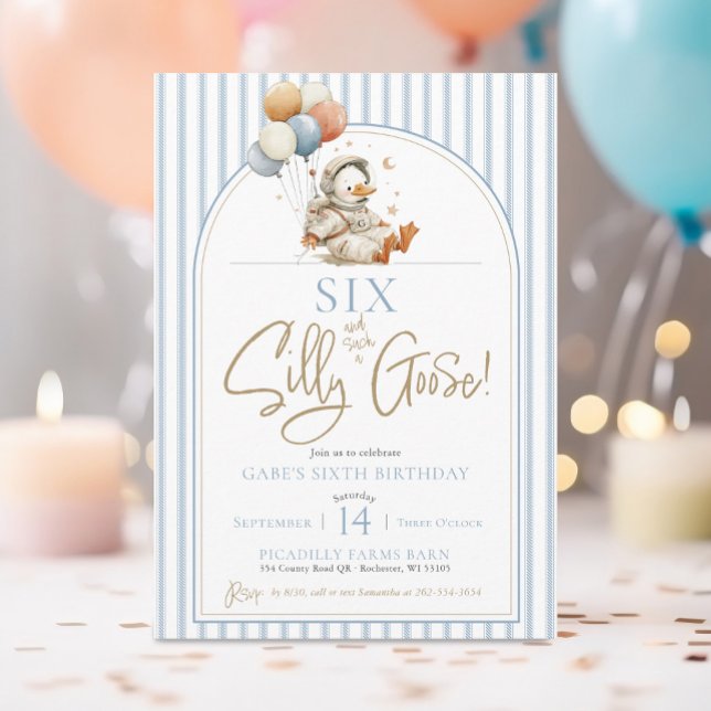 Invitation SIX Silly Goose Space Astronaut garçon 4e annivers (SIX Silly Goose blue ticking pinstripes modern arch cute space astronaut boy 6th birthday invitation)