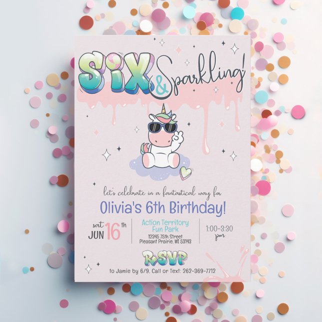 Invitation SIX & Sparkling Unicorn Graffiti Girl 6e anniversa (Cute Six & Sparkling retro stars pink purple kawaii unicorn theme graffiti 6th birthday invitation)
