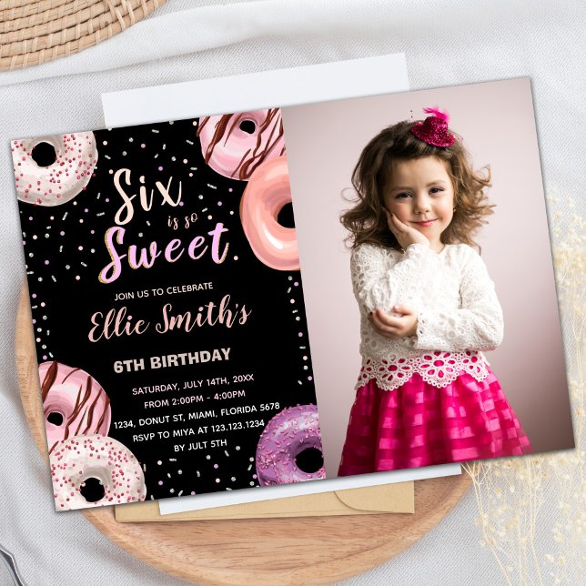 Invitation Six Sweet Black Rose Photo Donut Anniversaire (Six Sweet Black Pink Photo Donut Birthday Invitation)