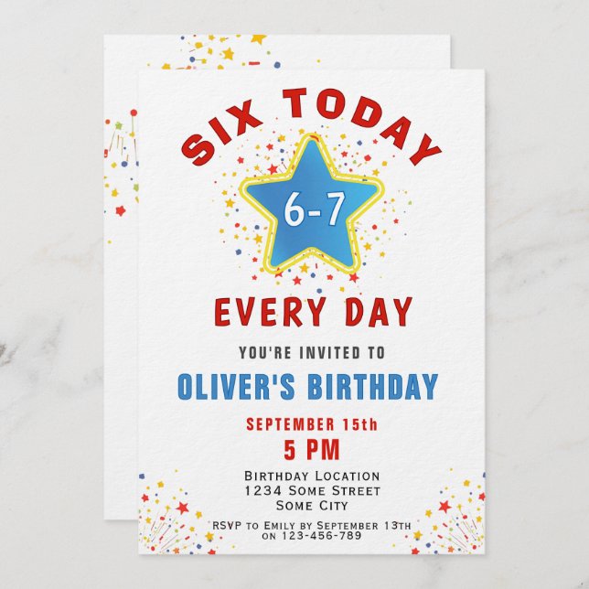 Invitation Six Today 6 7 Every Day Meme Star 6th Birthday  (Devant / Derrière)