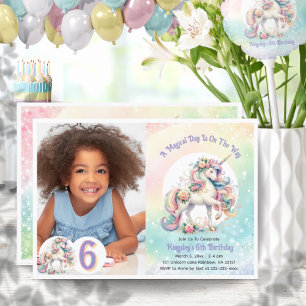 Invitation Sixième thème Unicorn Anniversaire Pastel Rainbow