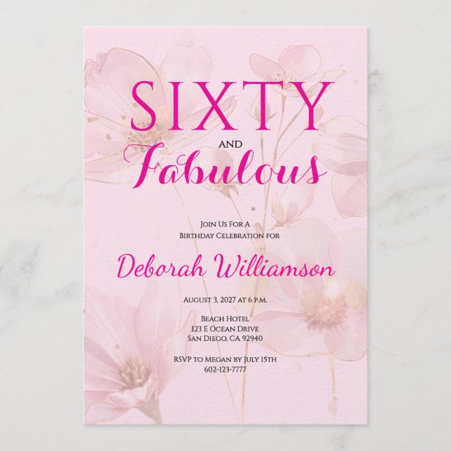 Invitation Sixty and Fabulous Blush Pink Floral 60th Birthday (Devant)