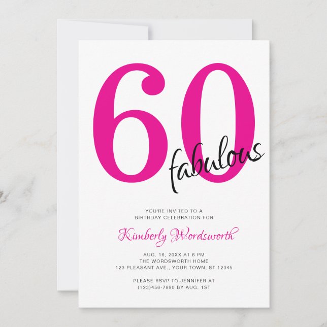 Invitation Sixty and Fabulous Pink 60th Birthday Party (Devant)